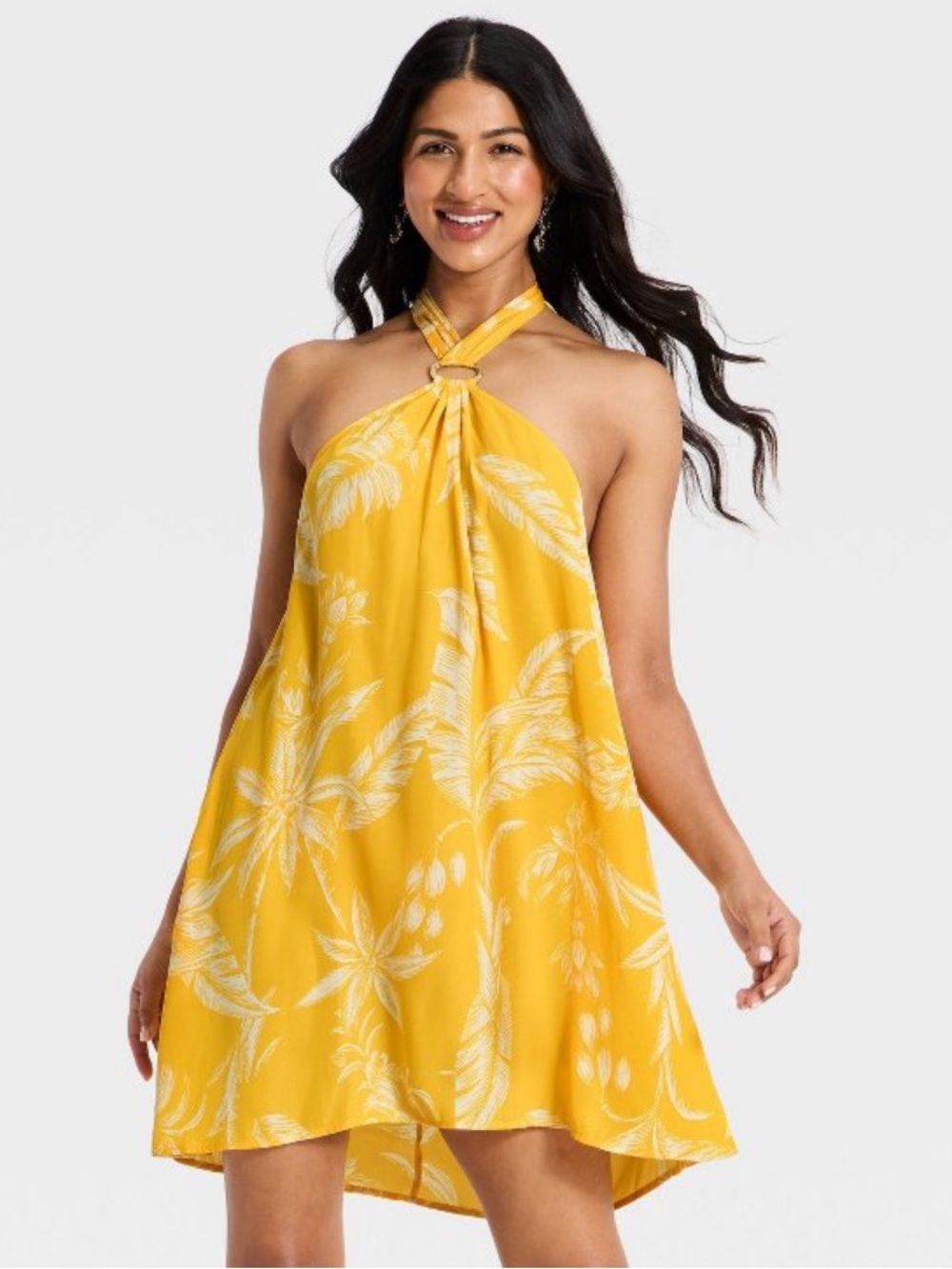 A New Day Yellow Tropical Mini Halter Dress (M)